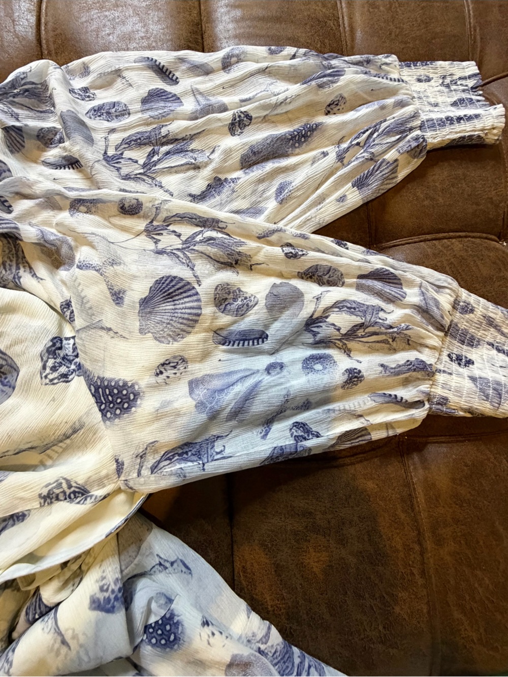 AllSaints Ari Oceano Dress Blue White Seashell Print Ruffle Midi Dress Size 12 - Picture 8 of 9